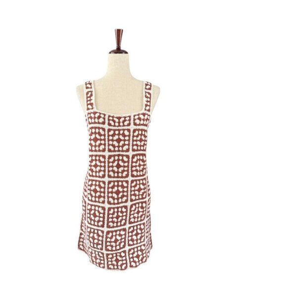MARINE LAYER Women's Celeste Crochet Mini Dress Brown White Square Neck Med NWT - Picture 3 of 16